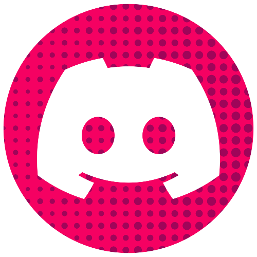 A pink and purple polka-dotted circular icon resembling a stylized smiling face with two large eyes and a curved mouth, representing the Discord logo, set against a transparent background.