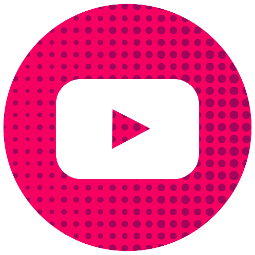 A pink and purple polka-dotted circular icon featuring a rounded rectangle with a play button in the center, representing the YouTube logo, set against a transparent background.