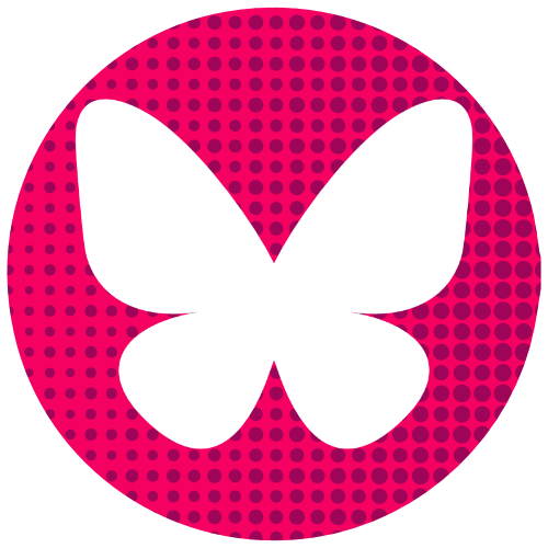 A pink and purple polka-dotted circular icon featuring a stylized butterfly within a rounded square, representing the BlueSky logo, set against a transparent background.